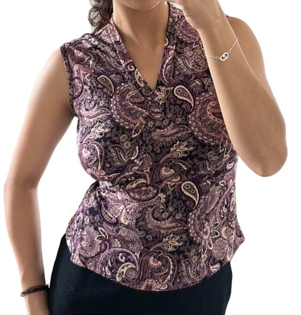 NEW YORK & CO Paisley Sleeveless Wrap Blouse V-Neck Collared Purple Multi Size M
